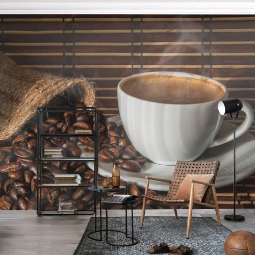 Fototapet Standard Eco - Kulets sorthed, ravets gennemsigtighed - Gastronomi, Kaffe, kop kaffe - 200x140 cm