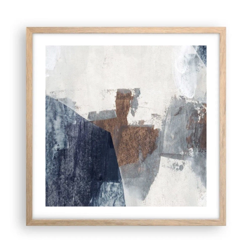Plakat i ramme af lyst egetræ - Blåbrune former - 50x50 cm