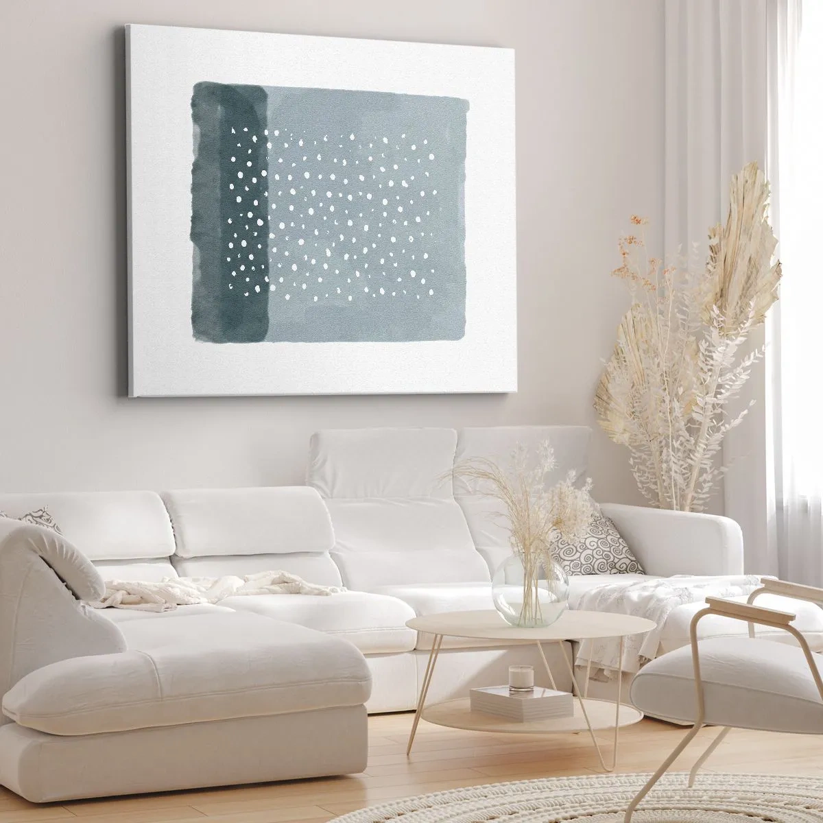 Lærredstryk - Billede på lærred - Et minimalistisk maleri i blå nuancer med prikker - 70x50cm - Dyrket i blåt - Moderne vægdekoration til stue og soveværelse ARTTOR
