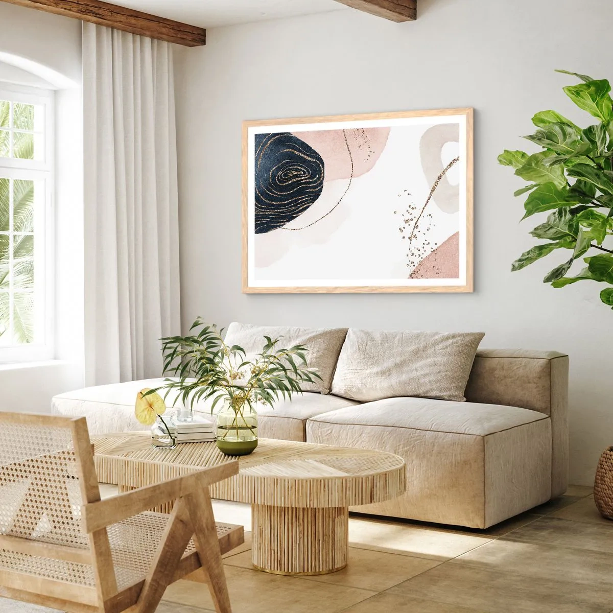 Plakat i ramme af lyst egetræ - Alt flyder - 50x40 cm