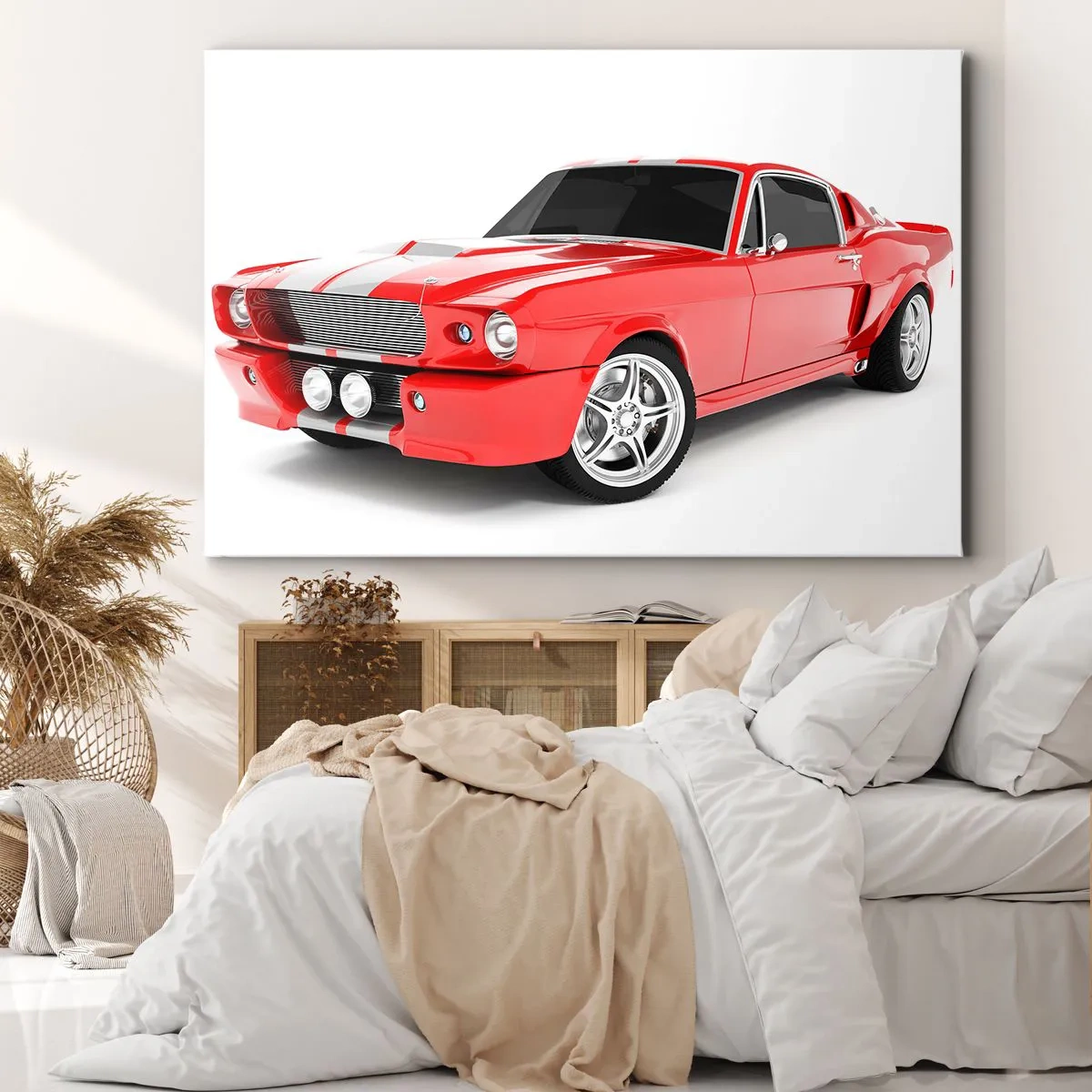 Lærredstryk - Billede på lærred - Rød sportsvogn med hvide striber - 70x50cm - Mustang så hurtigt som vinden - Moderne vægdekoration til stue og soveværelse ARTTOR