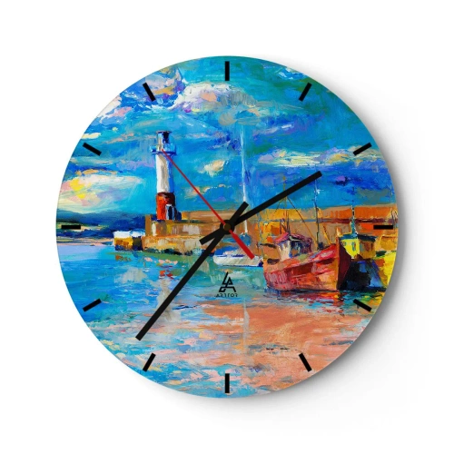 Vægur, Uret - Et fyrtårn og både i farverige, maleriske omgivelser - 30x30cm - Eftermiddag i regnbuebugten - Moderne vægdekoration til stue, køkken og soveværelse ARTTOR