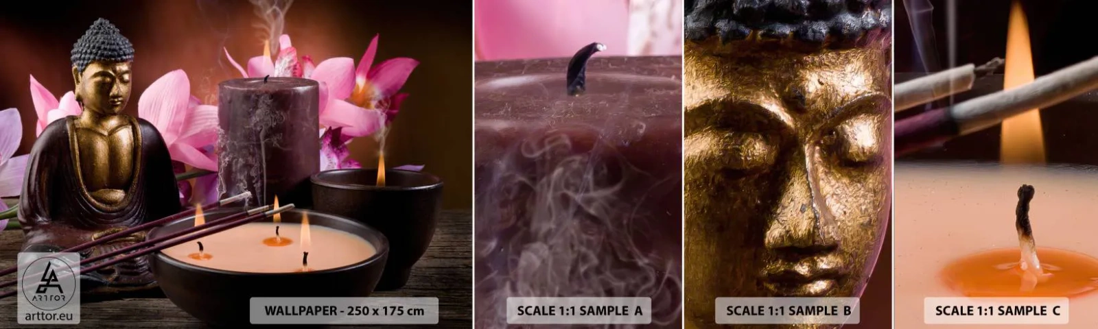 Prøve Fototapet Selvklæbende Deluxe Sticker - Rydde sindet, berolige kroppen - Buddha, Religion, Blomster - 100x30 cm