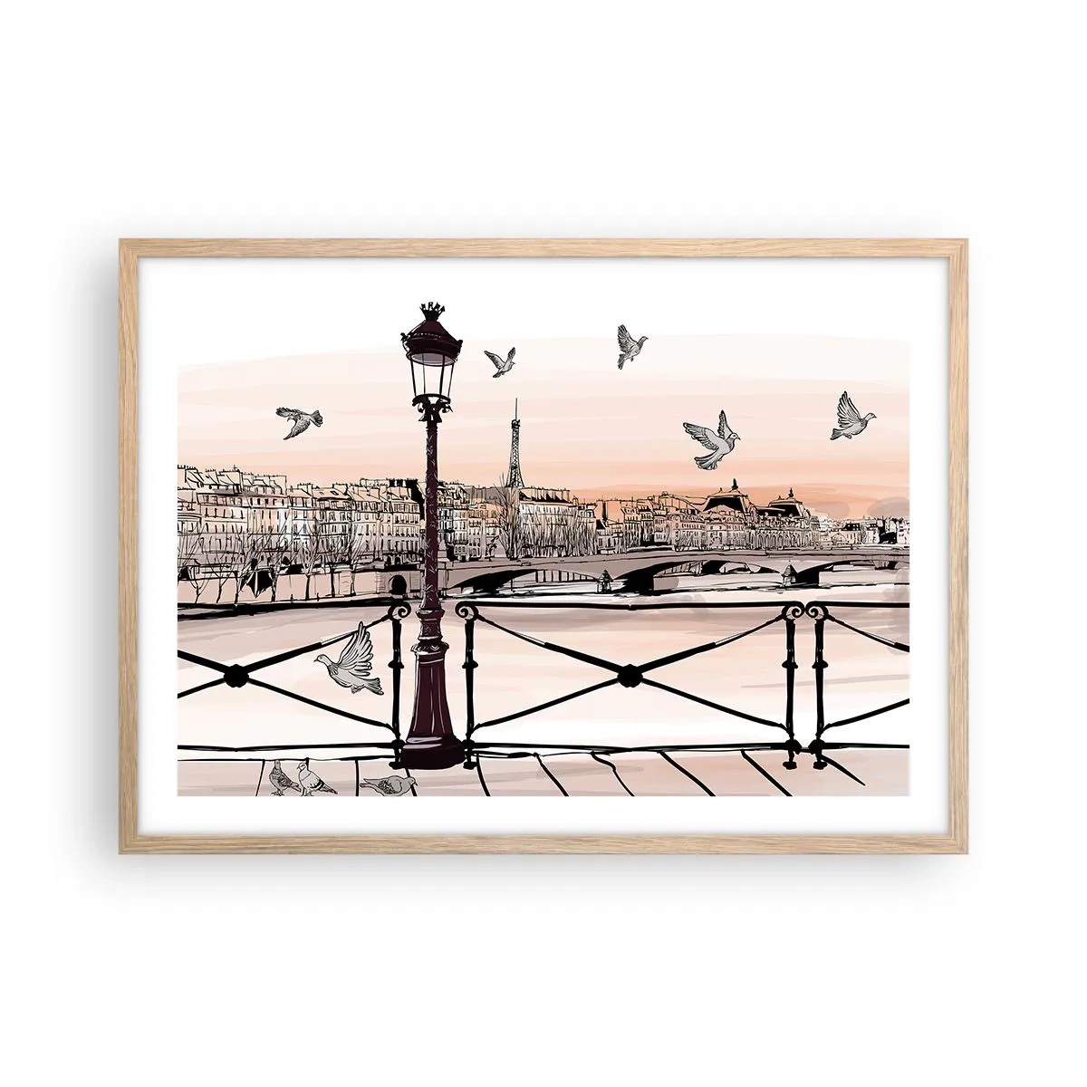 Plakat i ramme af lyst egetræ - Over Paris' hustage - 70x50 cm