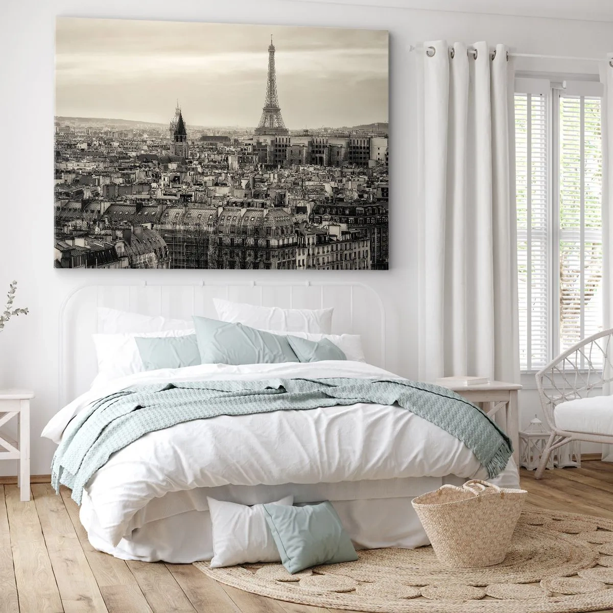 Lærredstryk - Billede på lærred - Panorama over Paris med Eiffeltårnet i sepia-toner - 70x50cm - Over Paris' hustage - Moderne vægdekoration til stue og soveværelse ARTTOR
