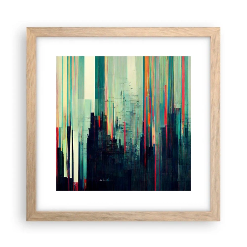 Plakat i ramme af lyst egetræ - Futuristisk by - 30x30 cm