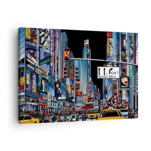 Lærredstryk - Billede på lærred - En travl by med farverige reklamer og gule taxaer - 70x50cm - En komisk stor aften - Moderne vægdekoration til stue og soveværelse ARTTOR