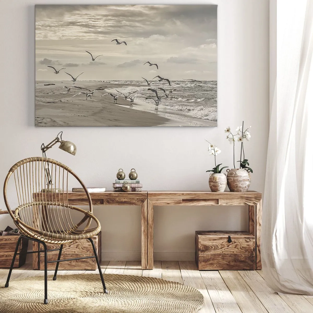 Lærredstryk - Billede på lærred - En måge i flugt over et kystlandskab - 70x50cm - Havet brummer, fuglene synger - Moderne vægdekoration til stue og soveværelse ARTTOR