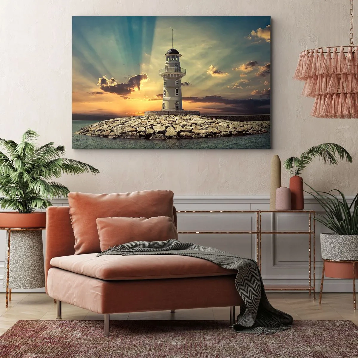 Lærredstryk - Billede på lærred - Et fyrtårn ved solnedgang mod himlen - 70x50cm - Lys - Godhed - Skønhed - Moderne vægdekoration til stue og soveværelse ARTTOR