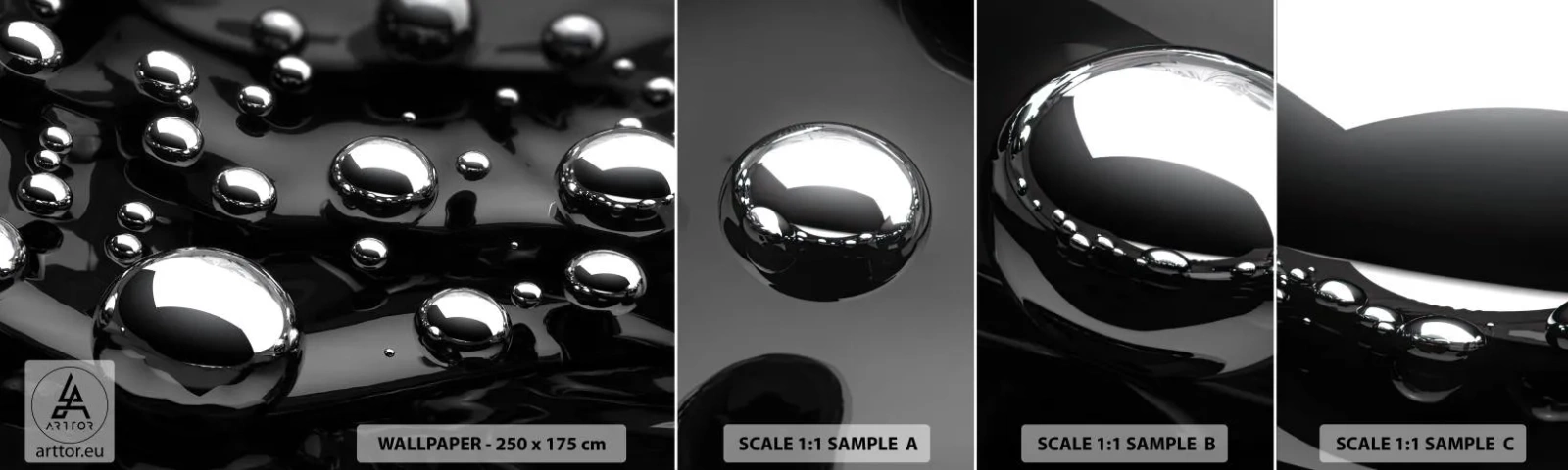 Prøve Fototapet Selvklæbende Deluxe Sticker - Fra de sorte dybder - Abstraktion, Krom bolde, 3D - 100x30 cm