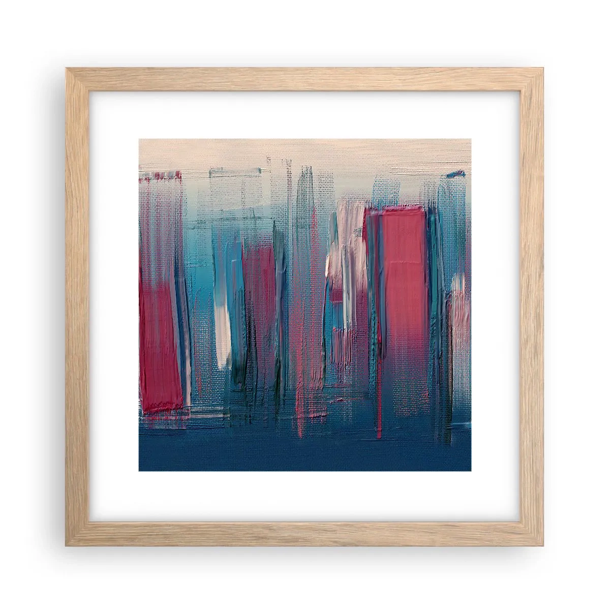 Plakat i ramme af lyst egetræ - Lodret komposition i blåt og rødt - 30x30 cm