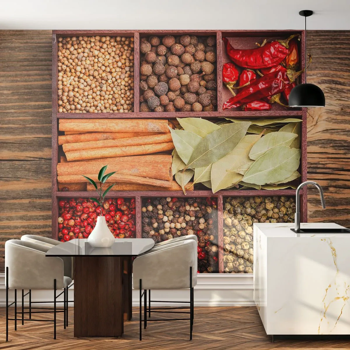 Fototapet Premium Canvas - Orden af former, duftbuket af aromaer - Gastronomi, Krydderier, Chili - 450x315 cm