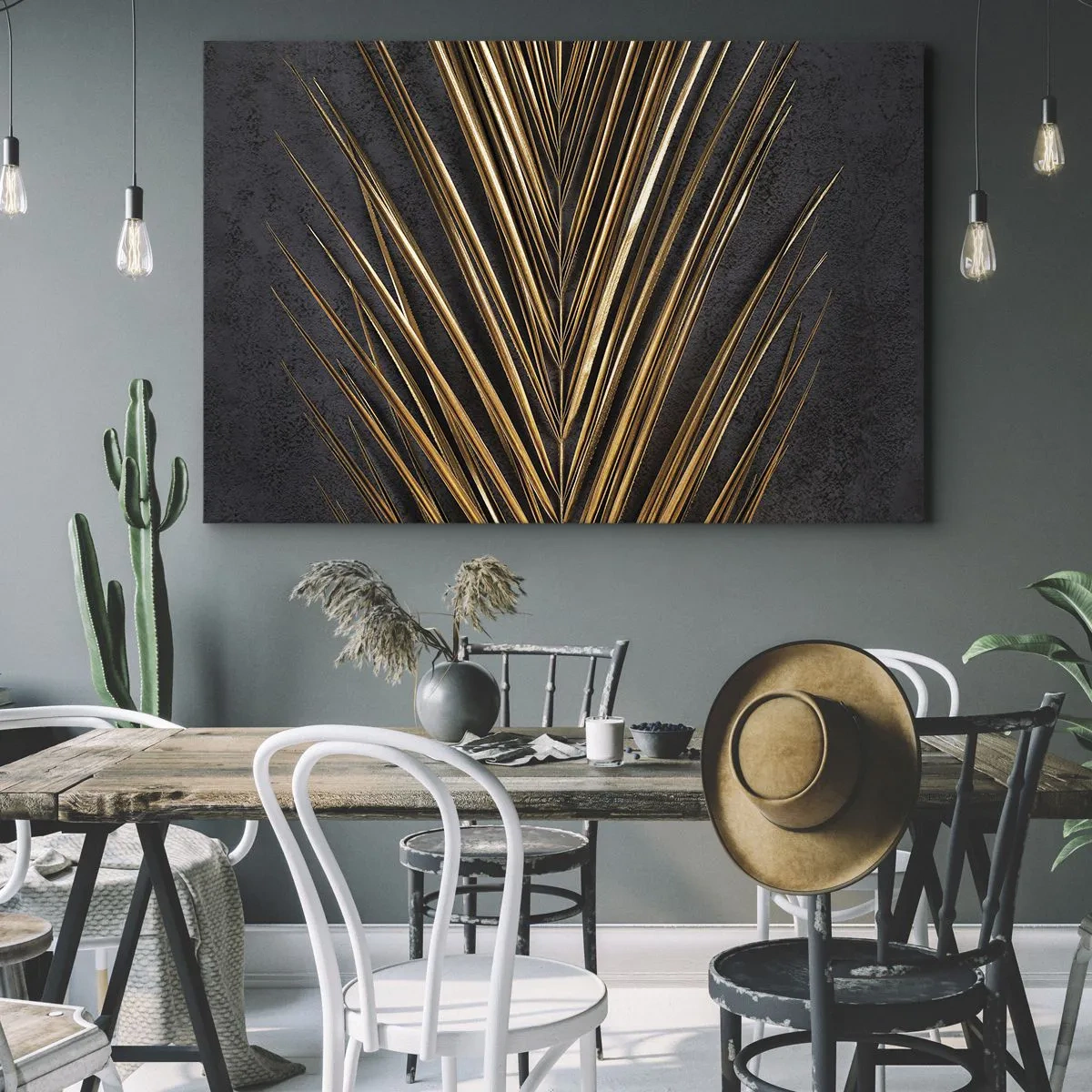 Lærredstryk - Billede på lærred - Gyldent tropisk blad på en sort baggrund - 70x50cm - Tropernes guld - Moderne vægdekoration til stue og soveværelse ARTTOR
