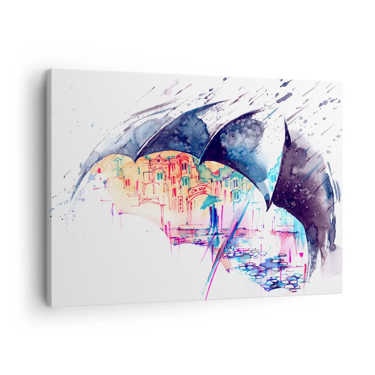 Lærredstryk - Billede på lærred - En farverig by skjult under abstrakte paraplyer - 70x50cm - Gåtur i regnvejr - Moderne vægdekoration til stue og soveværelse ARTTOR