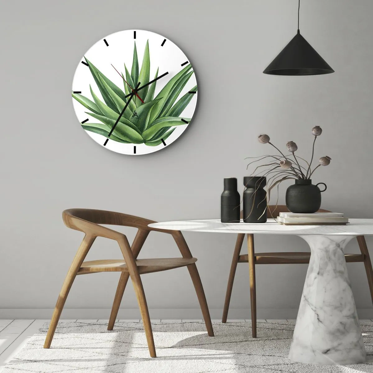 Vægur, Uret - Grøn agave på en hvid baggrund i botanisk stil - 30x30cm - Grøn - styrke - liv - Moderne vægdekoration til stue, køkken og soveværelse ARTTOR