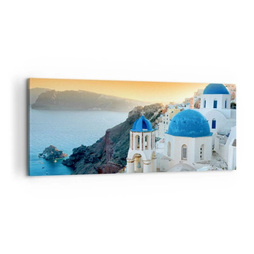 Lærredstryk - Billede på lærred - Santorini - omfavnet af klipperne - 100x40 cm