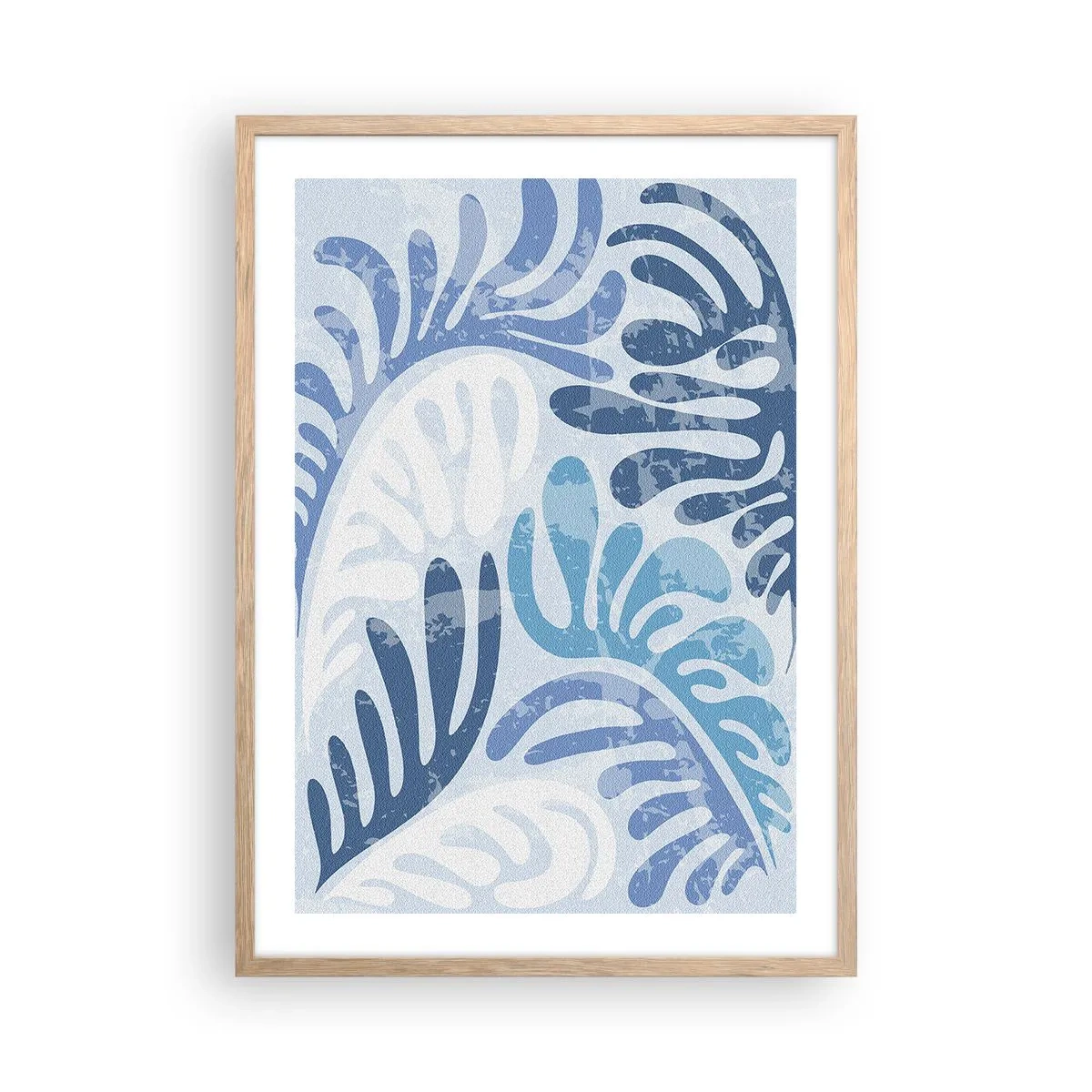 Plakat i ramme af lyst egetræ - Blå bregner - 50x70 cm