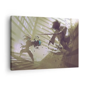Lærredstryk - Billede på lærred - Dynamisk kamp mellem to karakterer i en futuristisk stil - 70x50cm - Og du kan være en samurai - Moderne vægdekoration til stue og soveværelse ARTTOR