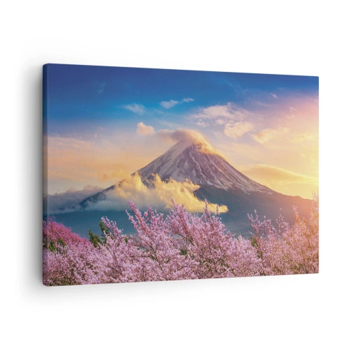 Lærredstryk - Billede på lærred - Fuji-bjerget med kirsebærblomster i baggrunden ved solnedgang - 70x50cm - Japansk hellighed - Moderne vægdekoration til stue og soveværelse ARTTOR