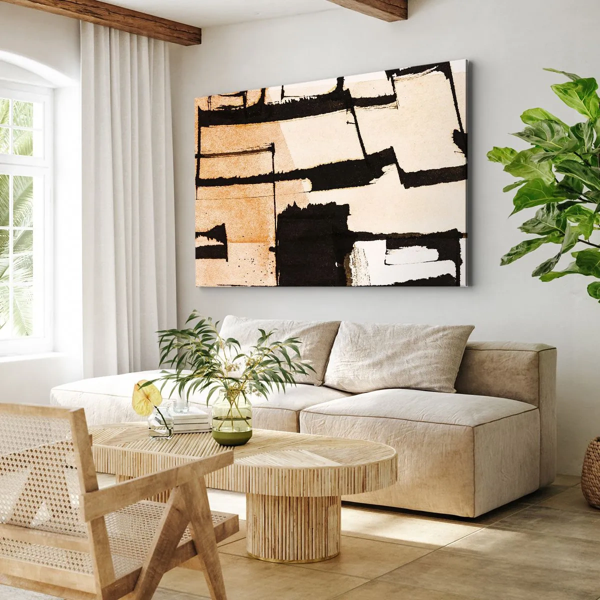 Lærredstryk - Billede på lærred - Geometriske mønstre i nuancer af brunt og beige - 70x50cm - Og alligevel orden - Moderne vægdekoration til stue og soveværelse ARTTOR