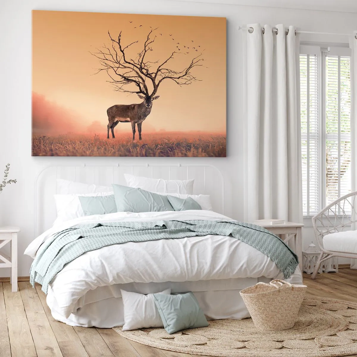 Lærredstryk - Billede på lærred - En flot hjortegrafik med grene i stedet for gevirer - 70x50cm - Urhjort - skovens evige ånd - Moderne vægdekoration til stue og soveværelse ARTTOR