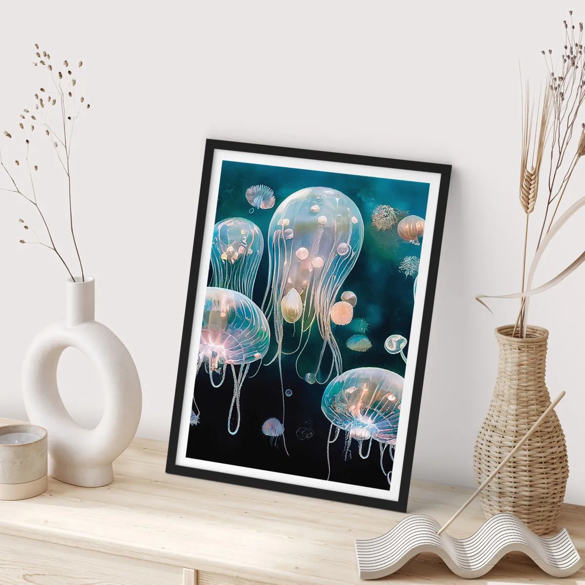 Plakat i sort ramme - Subtile vandmænd flyder i havet - 50x70cm - Undervandsbold - Moderne vægdekoration til stue og soveværelse ARTTOR