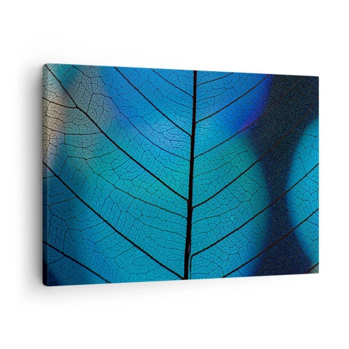 Lærredstryk - Billede på lærred - Nærbillede af et blåt blad med synlige åredetaljer - 70x50cm - Indviklet konstruktion - Moderne vægdekoration til stue og soveværelse ARTTOR