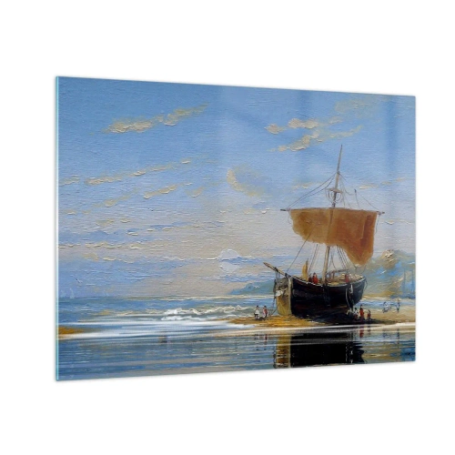 Billede på glas - Et skib med sejl ved kysten i malerisk stil - 70x50cm - Vand, jord, luft - Moderne vægdekoration til stue og soveværelse ARTTOR