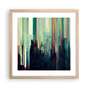 Plakat i ramme af lyst egetræ - Futuristisk by - 40x40 cm