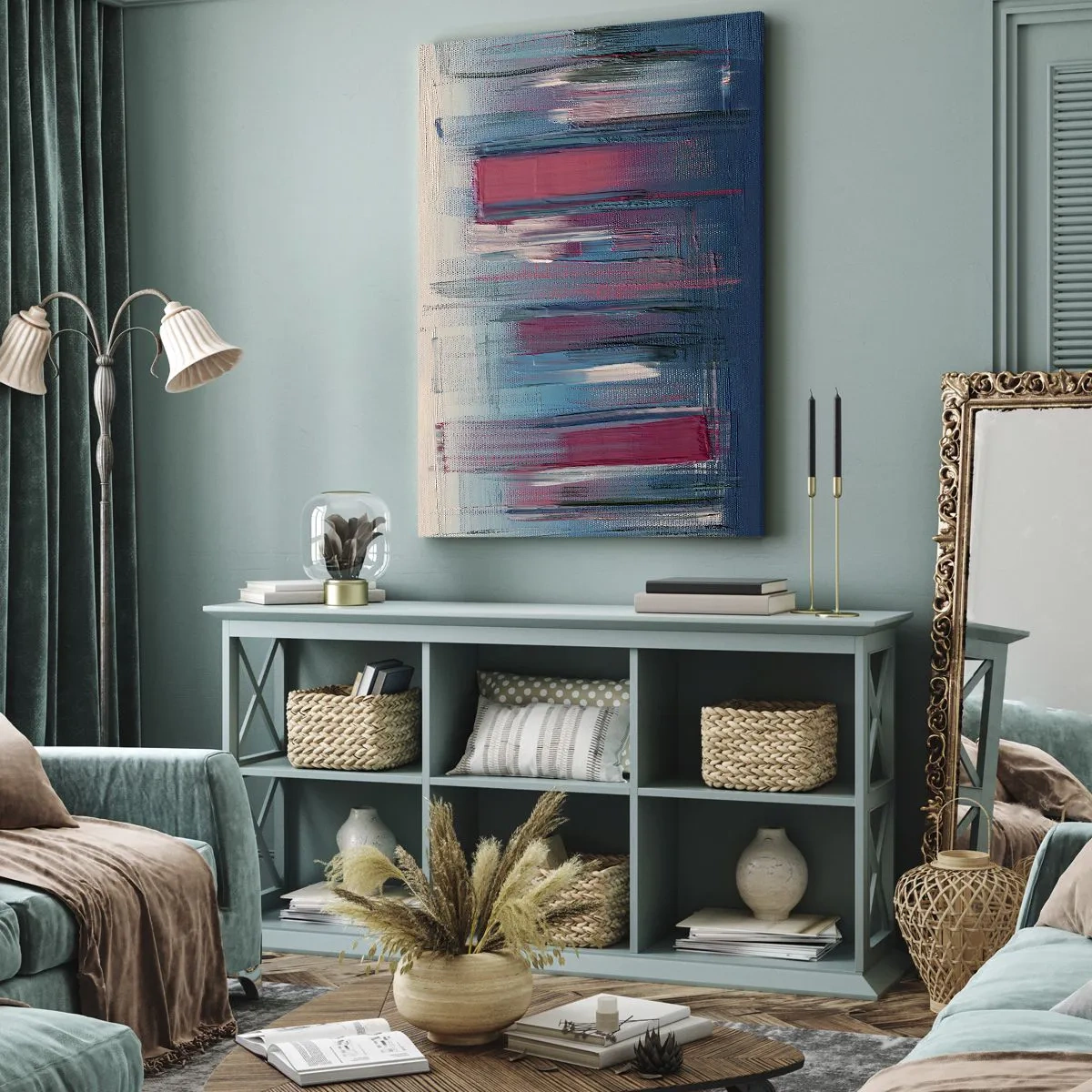 Lærredstryk - Billede på lærred - Lodret komposition i blåt og rødt - 50x70 cm