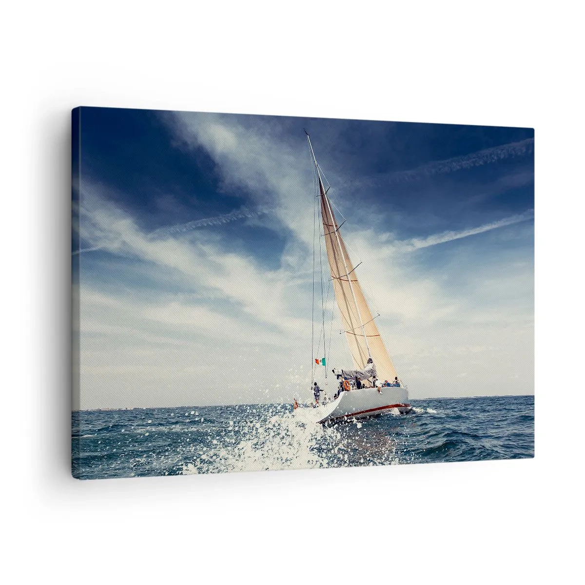 Lærredstryk - Billede på lærred - En sejlbåd på et stormfuldt hav under en blå himmel - 70x50cm - De kan ikke indhente os! - Moderne vægdekoration til stue og soveværelse ARTTOR