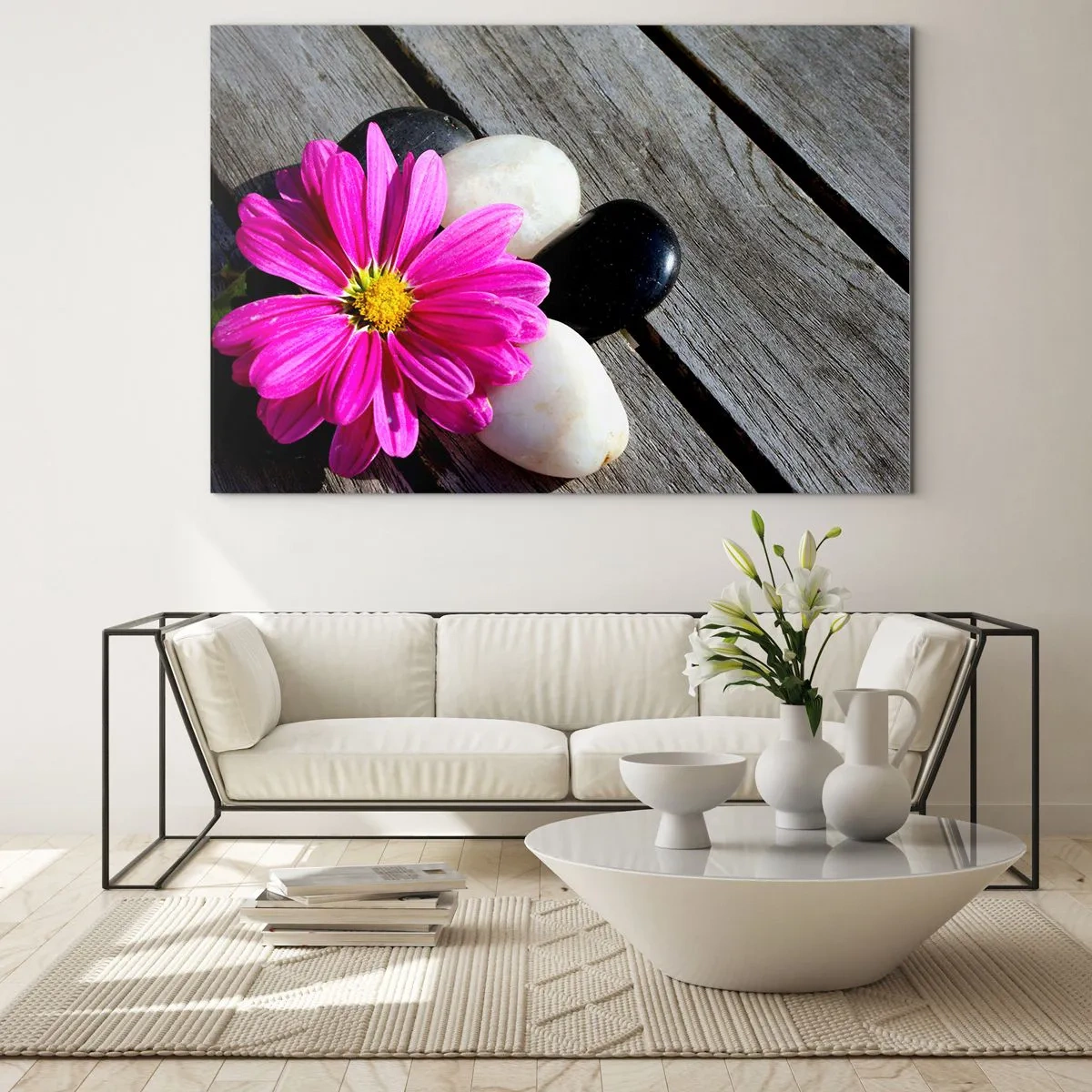 Billede på glas - Lyserød blomst med sten på en træbaggrund - 70x50cm - Hvil på molen - Moderne vægdekoration til stue og soveværelse ARTTOR