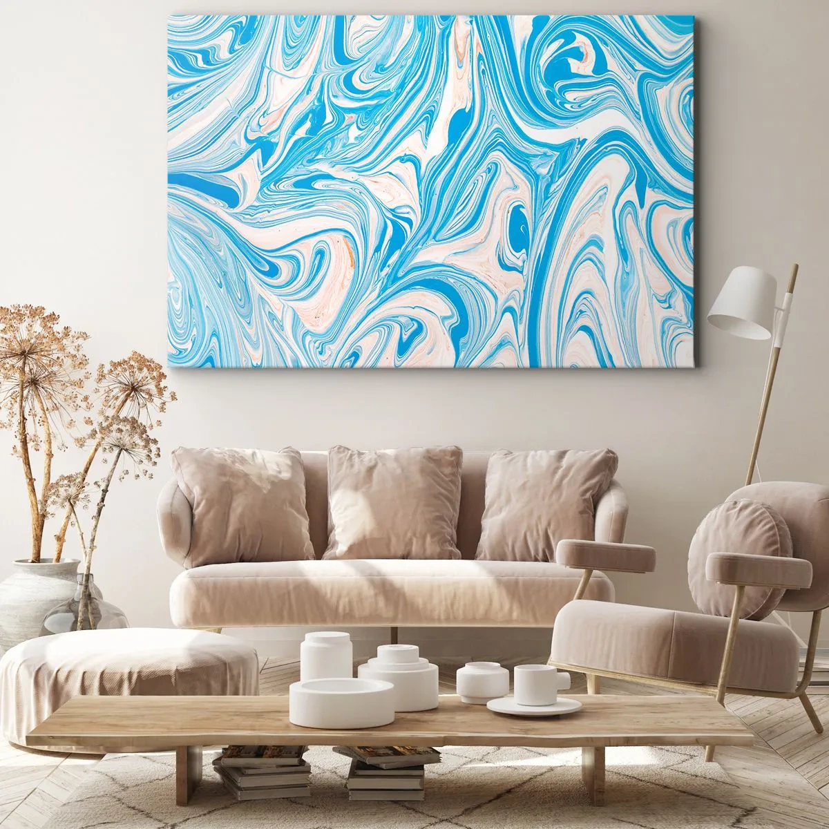 Lærredstryk - Billede på lærred - Abstrakte blå og hvide marmorhvirvler - 70x50cm - Marsk i turkis - Moderne vægdekoration til stue og soveværelse ARTTOR