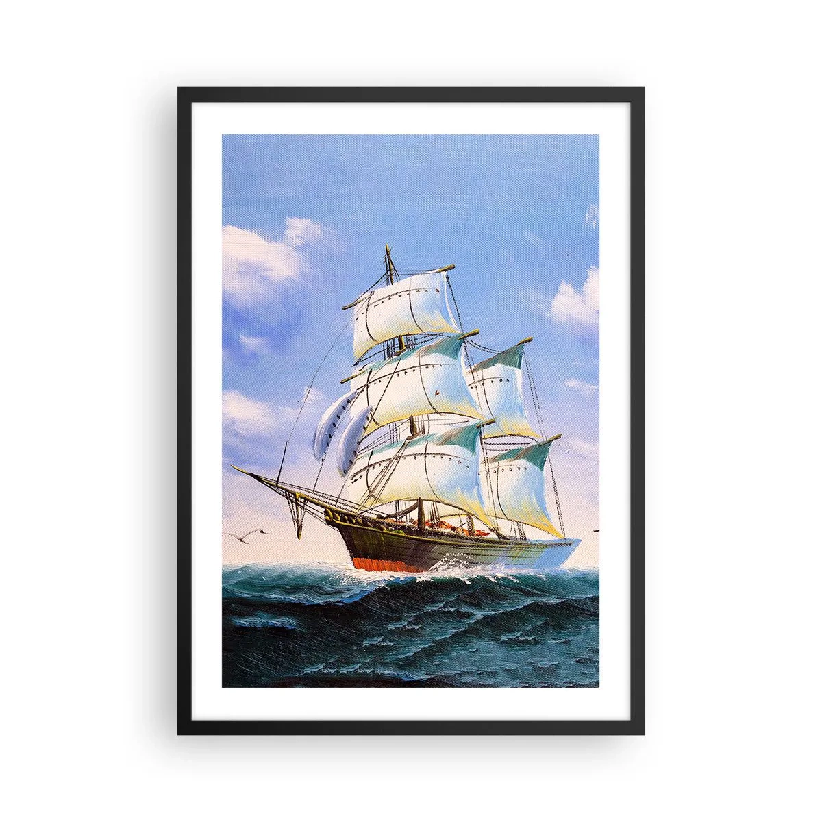Plakat i sort ramme - Et sejlskib mod havet, med fulde sejl - 50x70cm - Stolt med vinden - Moderne vægdekoration til stue og soveværelse ARTTOR