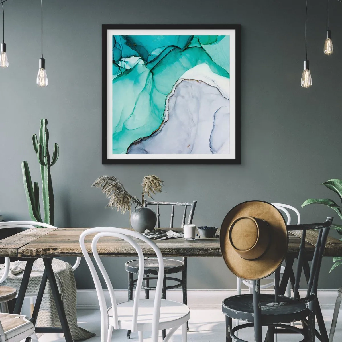 Plakat i sort ramme - Undersøgelse i turkis - 40x40 cm