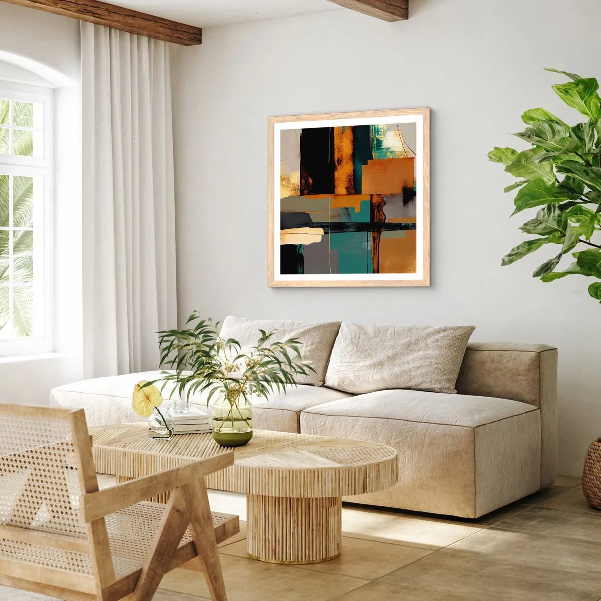 Plakat i ramme af lyst egetræ - Abstraktion - lys og skygge - 30x30 cm