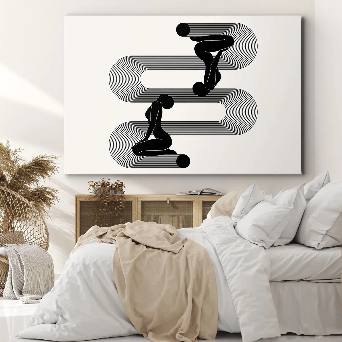 Lærredstryk - Billede på lærred - Sorte silhuetter med geometriske linjer på en lys baggrund - 70x50cm - Sensuel symmetri - Moderne vægdekoration til stue og soveværelse ARTTOR