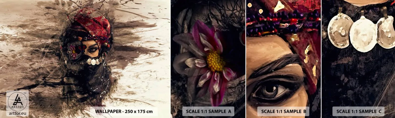 Fototapet Prøve Standard Eco - Foruroligende for at sige det mildt - Abstraktion, Kvindens ansigt, Orientalske symboler - 100x30 cm