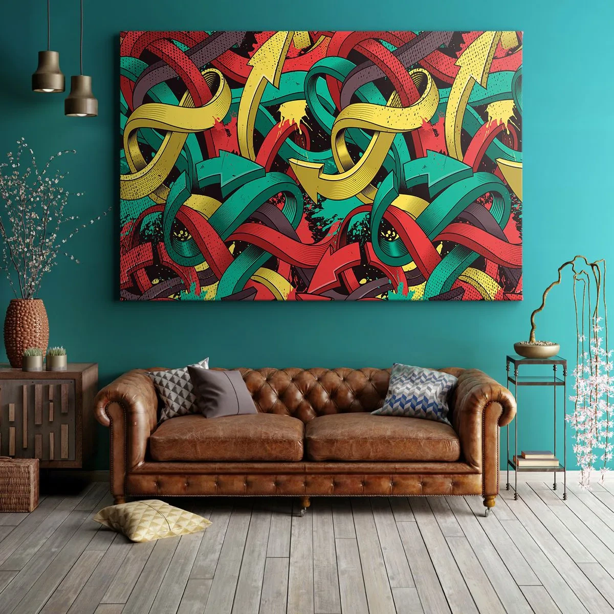 Lærredstryk - Billede på lærred - Abstrakte pile i livlige farver skaber kaos - 70x50cm - Hvilken vej skal man gå? - Moderne vægdekoration til stue og soveværelse ARTTOR