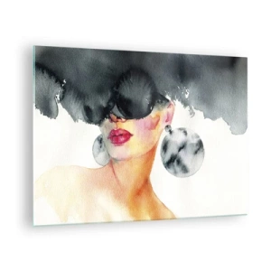 Billede på glas - Portræt af en kvinde med store øreringe og en sort plet over hovedet - 70x50cm - Hemmeligheden bag elegance - Moderne vægdekoration til stue og soveværelse ARTTOR