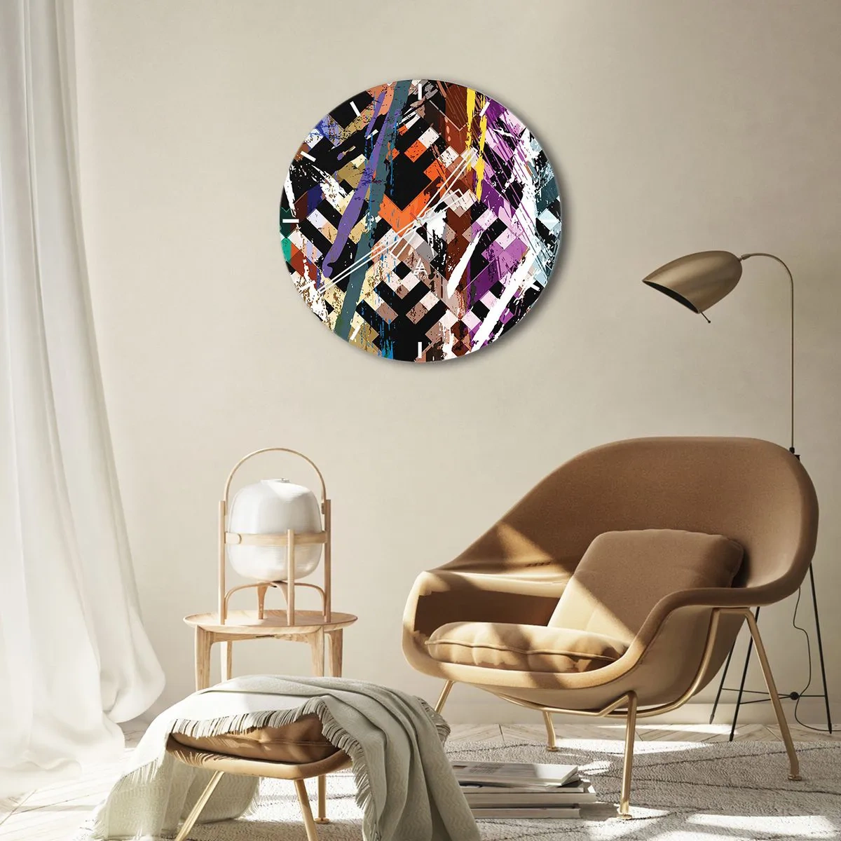 Vægur, Uret - Geometriske mønstre i intense farver med en abstrakt effekt - 30x30cm - Kvadratisk - Moderne vægdekoration til stue, køkken og soveværelse ARTTOR