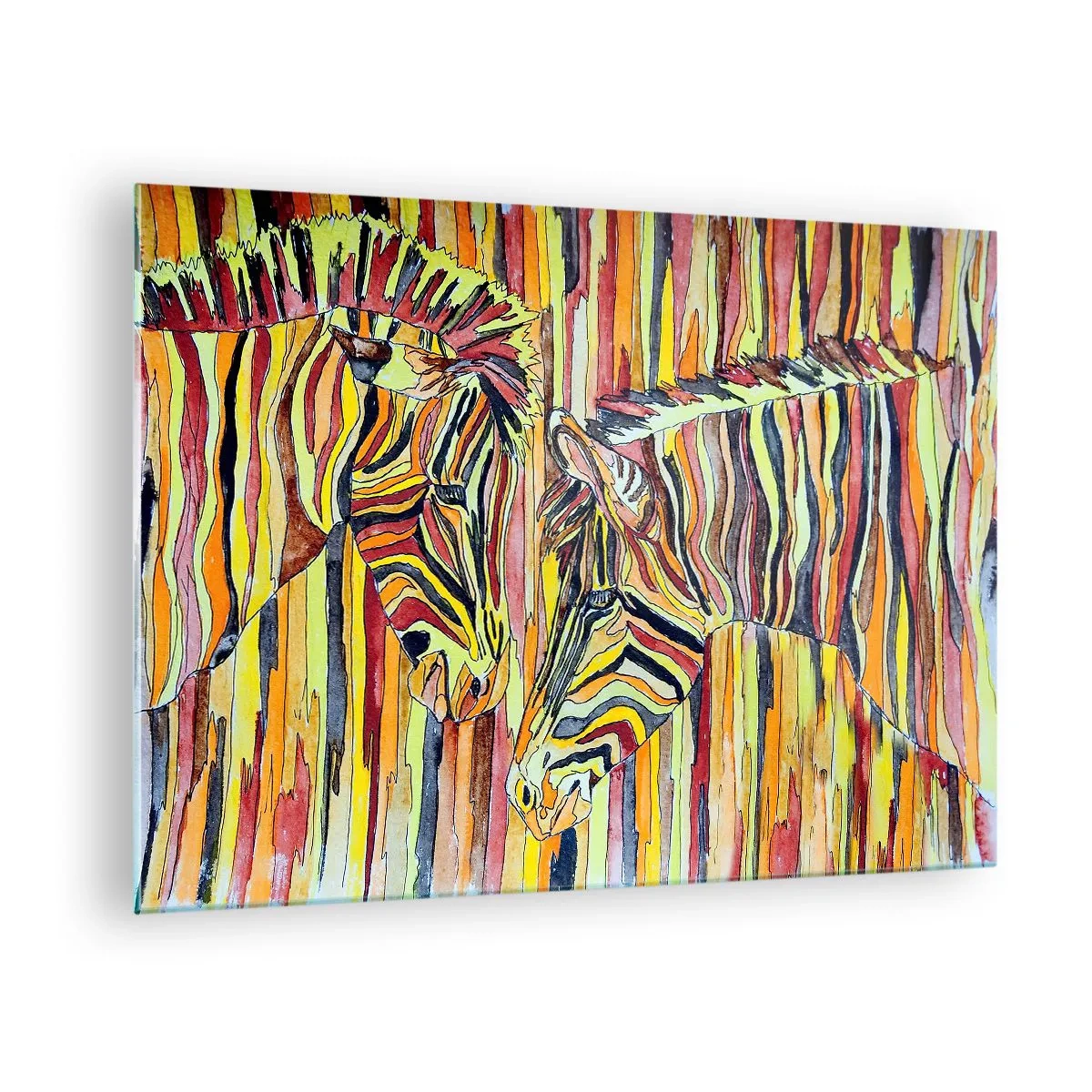 Billede på glas - Farverige zebraer i kunstnerisk akvarelstil - 70x50cm - Så du også... - Moderne vægdekoration til stue og soveværelse ARTTOR