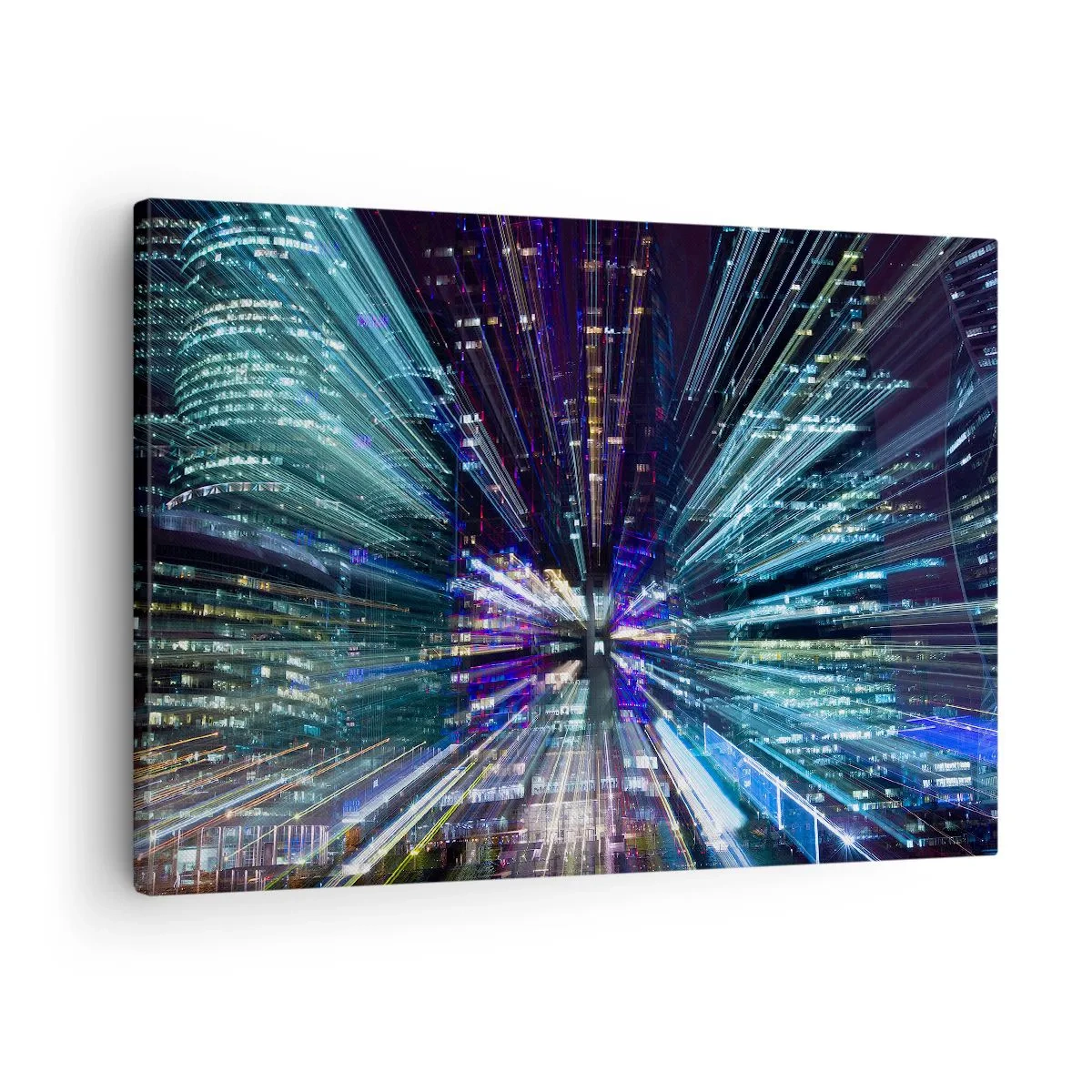 Lærredstryk - Billede på lærred - Dynamisk udsigt over byen om natten med en lyseffekt - 70x50cm - Overgang til hyperrummet - Moderne vægdekoration til stue og soveværelse ARTTOR