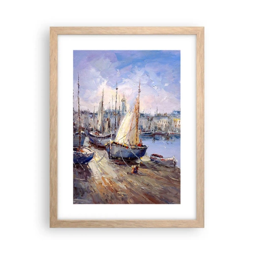 Plakat i ramme af lyst egetræ - By ved bugten - 30x40 cm
