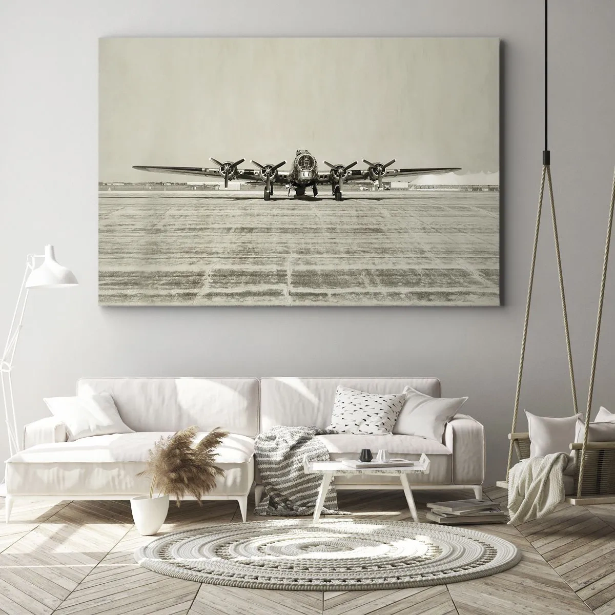 Lærredstryk - Billede på lærred - Historisk fly i lufthavnen i sepia - 70x50cm - Som altid klar - Moderne vægdekoration til stue og soveværelse ARTTOR