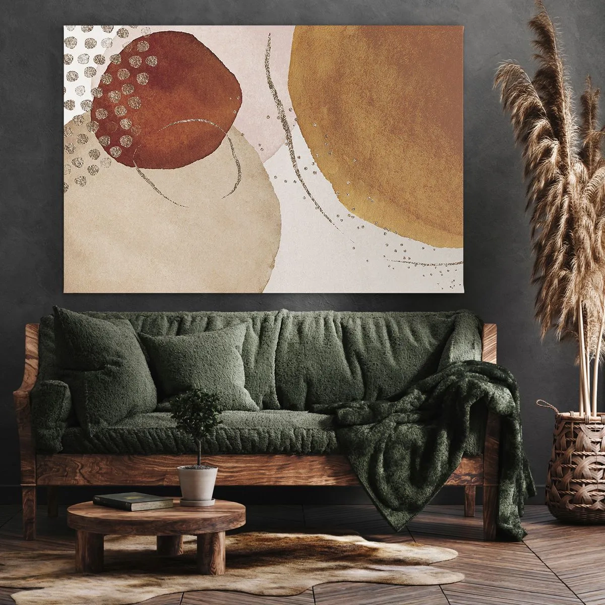 Lærredstryk - Billede på lærred - Abstrakte former i varme nuancer af brunt og guld - 70x50cm - Rundhed og bevægelse - Moderne vægdekoration til stue og soveværelse ARTTOR