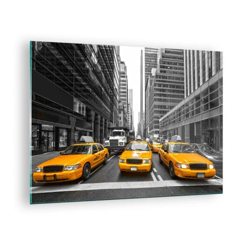 Billede på glas - Gule taxaer på gaderne i New York - 70x50cm - Det er os, der farver byen - Moderne vægdekoration til stue og soveværelse ARTTOR
