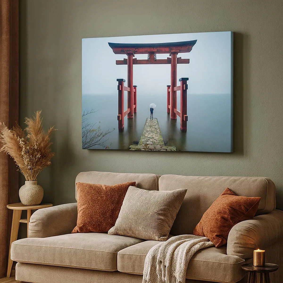 Lærredstryk - Billede på lærred - En torii-port med udsigt over en rolig sø i Japan - 70x50cm - Japansk drømmeri - Moderne vægdekoration til stue og soveværelse ARTTOR