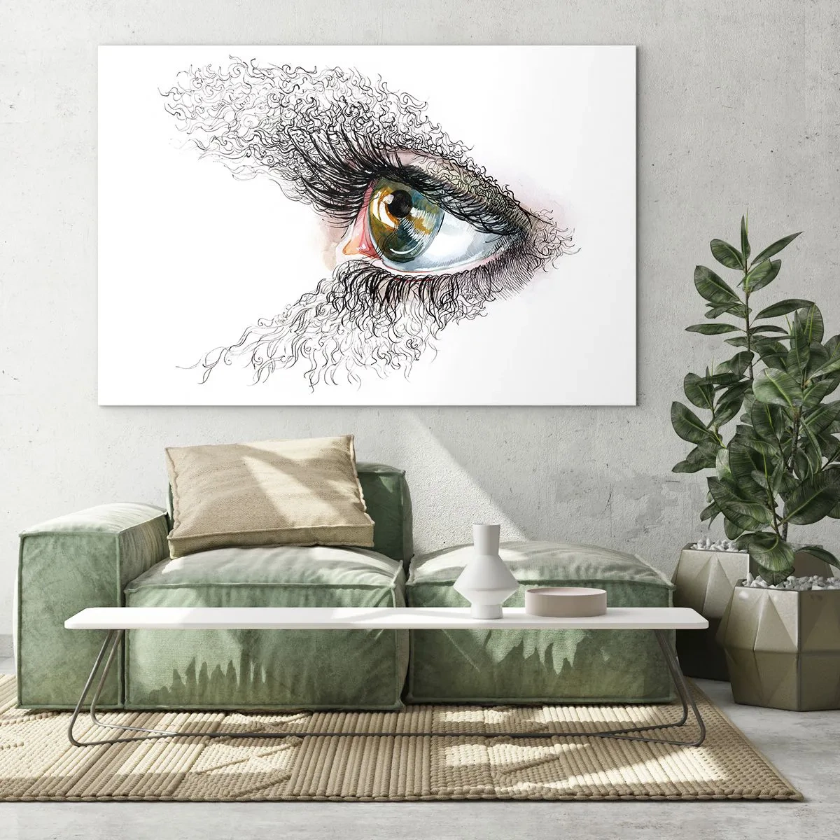 Billede på glas - Et gyldent øje omgivet af dynamiske linjer og abstrakte detaljer - 70x50cm - Se direkte ind i sjælen - Moderne vægdekoration til stue og soveværelse ARTTOR