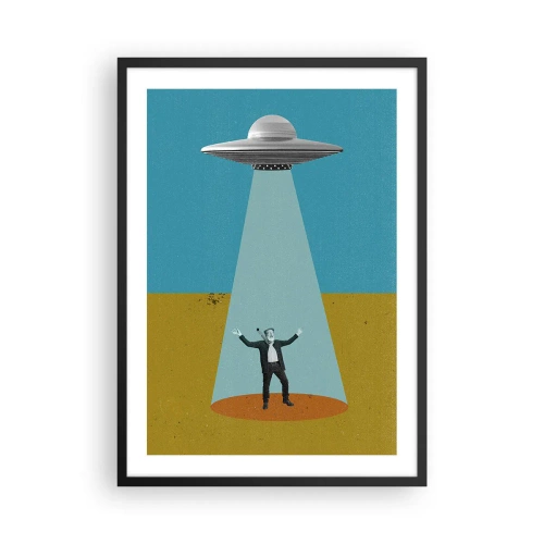 Plakat i sort ramme - Retro illustration af en UFO-bortførelse - 50x70cm - Et tæt møde - Moderne vægdekoration til stue og soveværelse ARTTOR